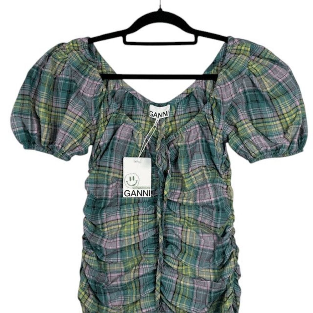 NWT GANNI Checked Seersucker Midi Dress in Lagoon Green Purple Size Small (36) - Picture 4 of 16